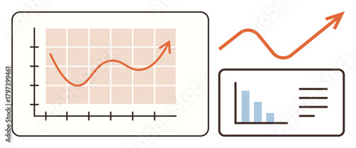 Line graph with rising trend, bar chart, and analytics icons representing growth, progress, and statistics. Ideal for business, finance, research, data visualization trends success and reporting