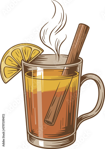Vintage Engraving Hot Spiced Drink Mug Vector, Mulled Wine, Cider, Cinnamon Stick, and Lemon Garnish