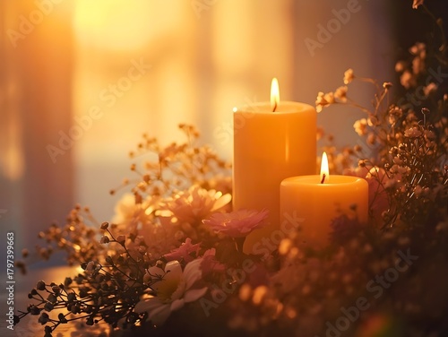 Warm, glowing candles nestled amongst delicate blossoms create a serene and inviting ambiance, perfect for moments of reflection, relaxation, or romantic settings.