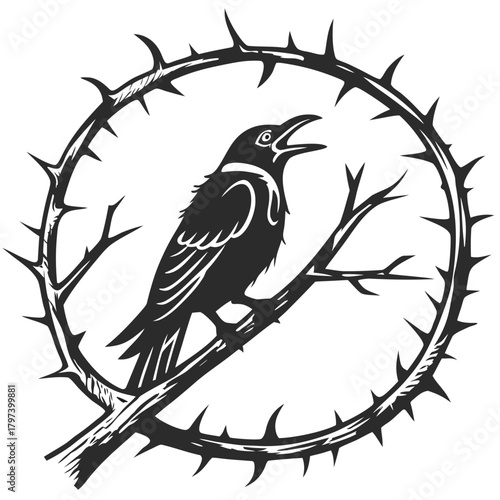 A striking raven perched on a thorny branch, encircled by a crown of thorns, the image evokes a sense of mystery and intrigue