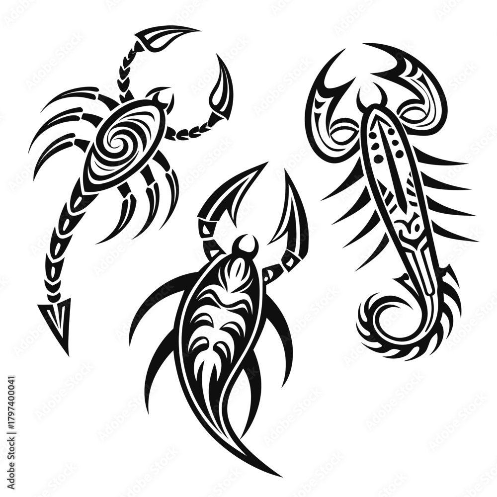 Obraz premium Tribal scorpion vector illustration featuring intricate patterns and designs, perfect for tattoo art and graphic design projects