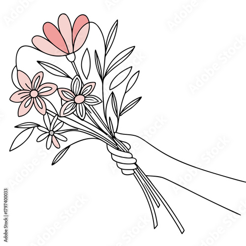 Hand holding a bouquet of flowers vector illustration, perfect for wedding invitations, greeting cards, and romantic designs