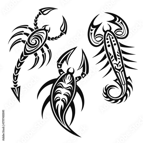 Tribal scorpion vector illustration featuring intricate patterns and designs, perfect for tattoo art and graphic design projects