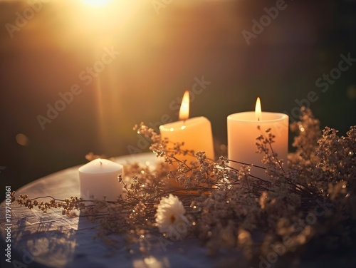 Glow of warm candlelight illuminates delicate dried flowers creating a serene and peaceful ambiance perfect for relaxation, meditation, or a romantic evening setting