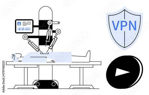 Patient under robotic surgical equipment, medical monitor displayed. Shield representing VPN security and play button for digital tools. Ideal for healthcare, technology, cybersecurity, innovation