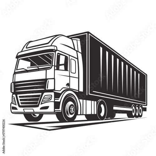 Illustration of a semitruck with a trailer, showcasing its design and functionality black and white vector drawing