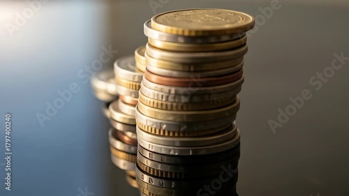 Close-up of stacks of varied metal coins in different sizes and colors on a reflective dark surface
