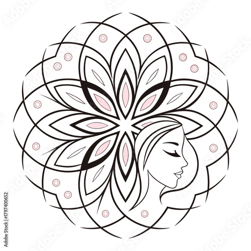 A serene mandala design featuring a womans profile, , blending spirituality and beauty in a harmonious and artistic composition