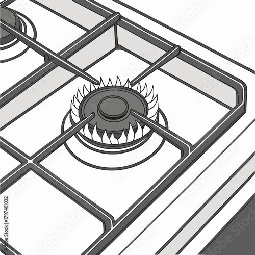 Closeup of a gas stove burner with a blue flame, showcasing the modern kitchen appliance and its efficient energy use