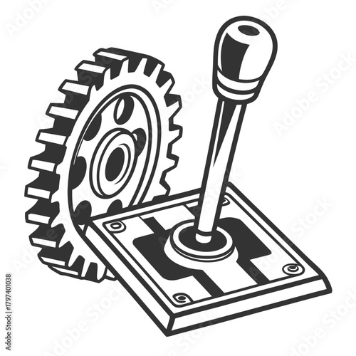 Illustration of a gear shift mechanism with a gear, showcasing the mechanical components and engineering design