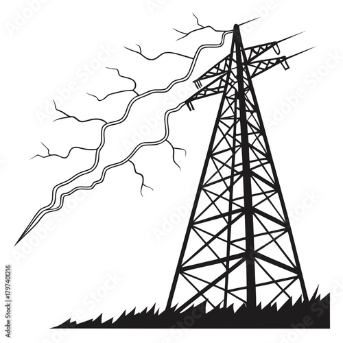 A stylized vector illustration depicts a towering electricity pylon silhouetted against a, with a jagged lightning bolt striking nearby