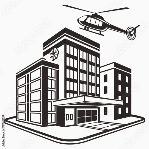 Illustration of a hospital building with a helicopter landing pad, symbolizing emergency medical services and healthcare accessibility, vector