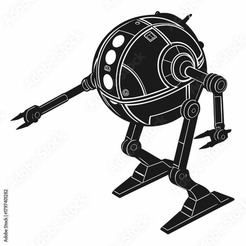 A droid with a spherical body and mechanical limbs, designed for various tasks