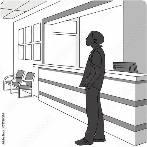 A person is standing at the reception desk in a clinic waiting for assistance, with chairs and windows in the background