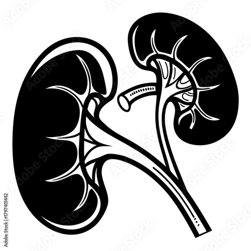 Stylized black and white illustration of a pair of kidneys, showcasing their anatomical structure with a graphic design