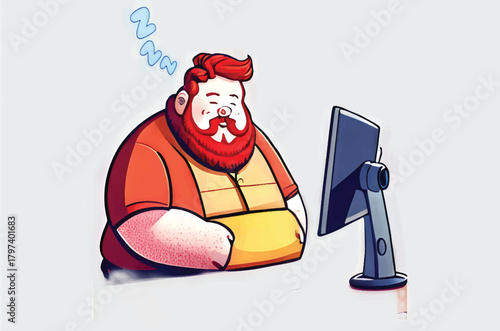 A cartoon illustration of a chubby man with red hair and beard sleeping in front of a computer monitor, indicated by "Zzz".