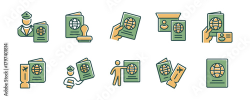 passport document icon line set international personal id identification global travel border pass stamp signs vector illustration