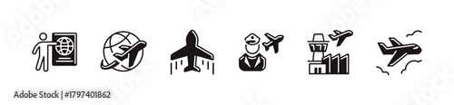 Global flight travel airport plane icon line set simple journey global transportation airplane with passenger passport signs vector illustration