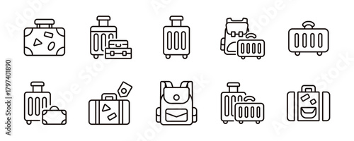 simple suitcase luggage travel bag icon line set trip packing weight carry baggage valise signs vector illustration