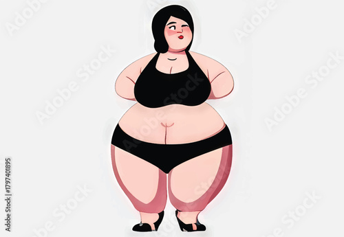 Cartoon illustration of an overweight woman in a black bikini standing confidently against a plain white background.