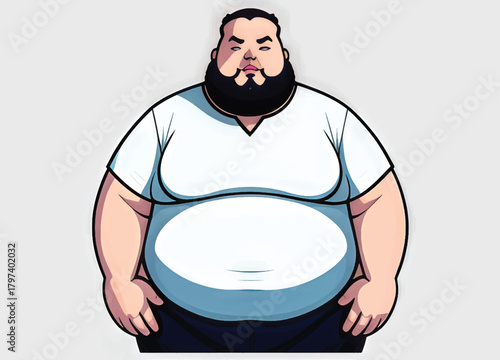 A cartoon illustration of a very obese man with a dark beard wearing a plain white t-shirt, standing with a neutral expression.