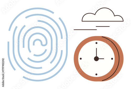 Fingerprint pattern, analog clock, and cloud. Ideal for identity, security, technology, time management, innovation connectivity modern solutions. Clean design for simple flat metaphor