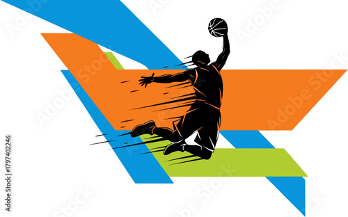 Dynamic basketball player soaring for a slam dunk with vibrant abstract shapes