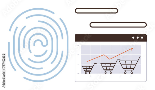 Fingerprint design with ascending graph and shopping carts on analytics dashboard. Ideal for e-commerce, cybersecurity, data tracking, growth strategies, biometrics, innovation, digital economy