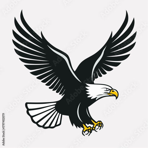 A soaring black eagle silhouette vector illustration of a flying wildlife bird in flight with powerful wings, symbolizing freedom and nature design