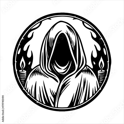 A black and white illustration of a cloaked figure with candles, creating a spooky and mysterious atmosphere