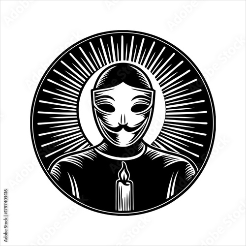 A black and white illustration of a masked figure holding a candle, creating a mysterious and symbolic image