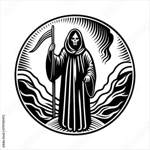 Grim reaper with scythe, a chilling symbol of death, mortality, and the inevitable end