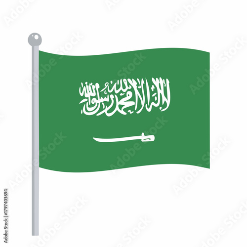 Saudi Arabia Flag Waving on a Pole with White Background national flag country