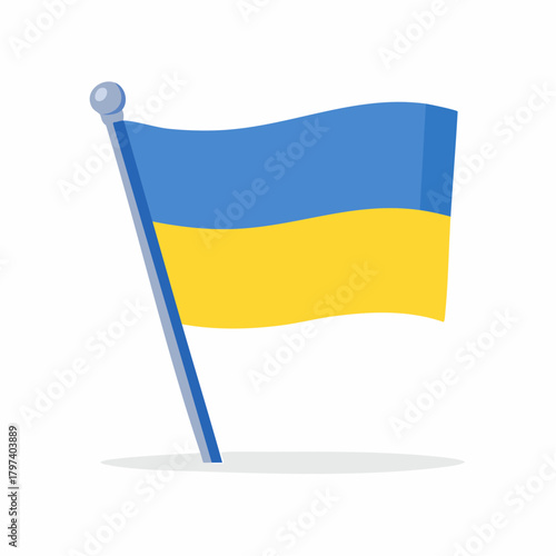 Waving Ukrainian Flag on a Pole with Shadow on White Background Ukraine national symbol