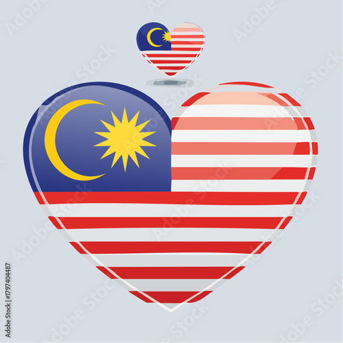 Two heart-shaped icons featuring the Malaysian flag, one larger and one smaller, on a light grey background