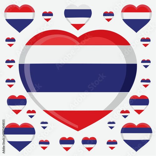 Free Download Large Thailand Flag Heart Surrounded by Smaller Thailand Flag Hearts on a White Background Keywords: Thailand flag, Thailand, icon, symbol, flag, stripes, red, white, blue, heart, collection, set - GFXLoad