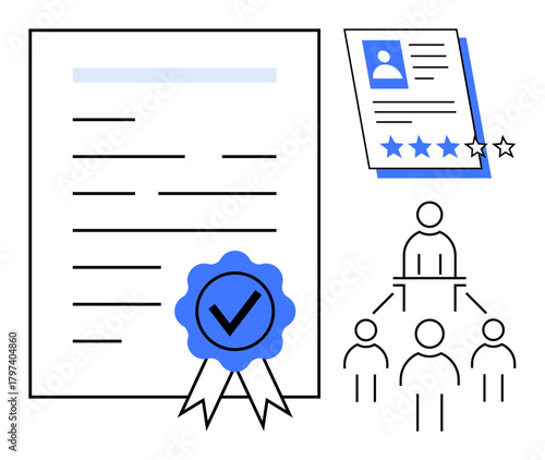 Certification document featuring a blue badge, profile evaluation with a rating system, and a hierarchical chart of team members. Ideal for accreditation, qualifications, recruitment, HR, talent