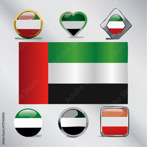 United Arab Emirates flag displayed prominently with smaller flag icons in different shapes and metallic frames