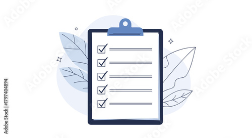A checklist on a clipboard with several items marked as complete.