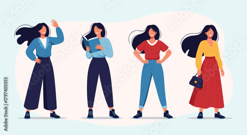 Diverse group of women in stylish outfits posing confidently for a presentation.