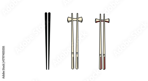 A set of three chopsticks with different styles and finishes ready for use.