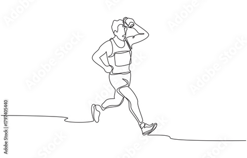 Continuous one line drawing of marathon runner pouring water on his head while running, single line art.