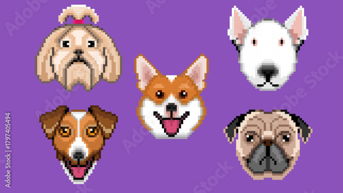 Diverse Pixel Dog Breeds Avatars Set 3 - shih tzu, corgi, bull terrier, jack russell terrier, pug,