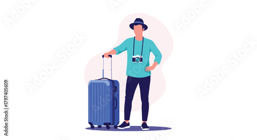 A man with a camera and suitcase stands ready for an adventure exploring new places and cultures.