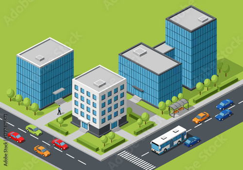 Isometric illustration of a modern cityscape with office buildings, cars, and a bus on a road, depicting urban infrastructure and daily life