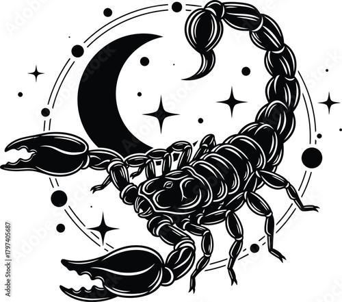Scorpion vector graphic black and white zodiac sign moon and stars art eps silhouette