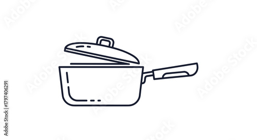 A detailed outline of a saucepan with an open lid and a single handle.