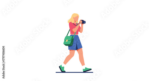 A young woman with blonde hair wearing a pink shirt blue shorts and green shoes walks while holding a camera and a green purse over her shoulder.