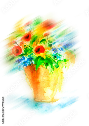 A bouquet of flowers in watercolor. Vintage postcard, poster, sticker, image. Beautiful, fashionable flowers, buds. Poppy, mimosa, hydrangea, wild flowers and herbs 