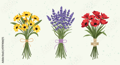 Three beautiful bouquets of sunflowers lavender and red poppies presented on a light green speckled background.